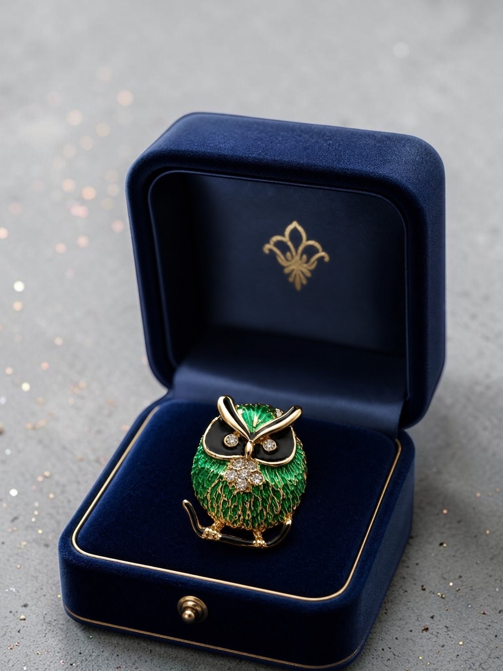 Vintage Green Enamel Owl Brooch Pin with Rhinestones